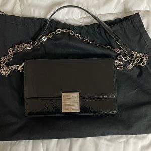 Black givenchy patent leather purse with silver chain